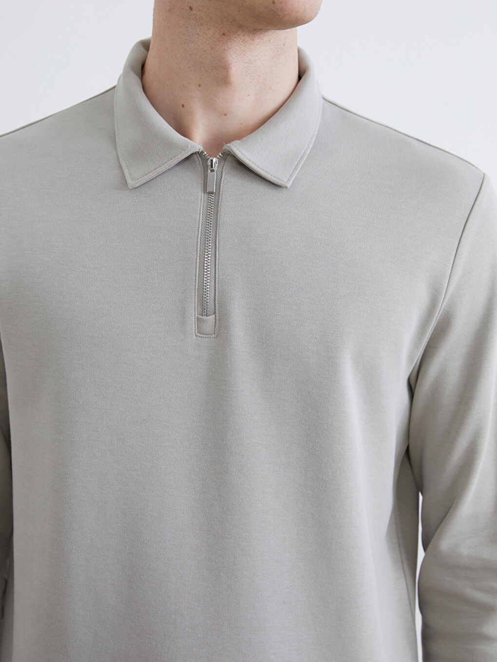 Gri Polo Yaka Erkek Sweatshirt-2