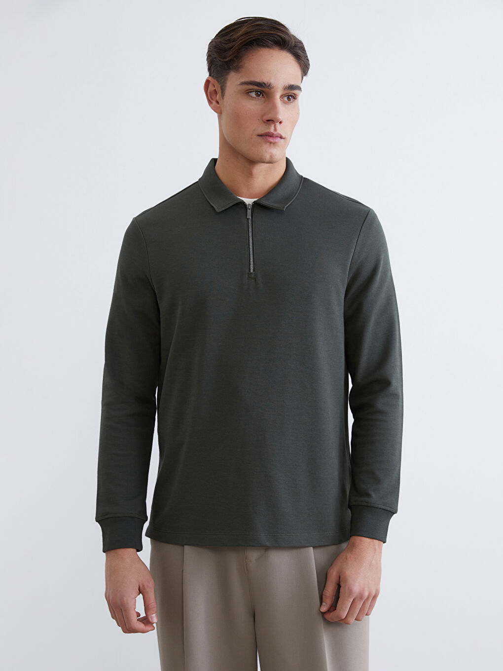 Haki Polo Yaka Erkek Sweatshirt