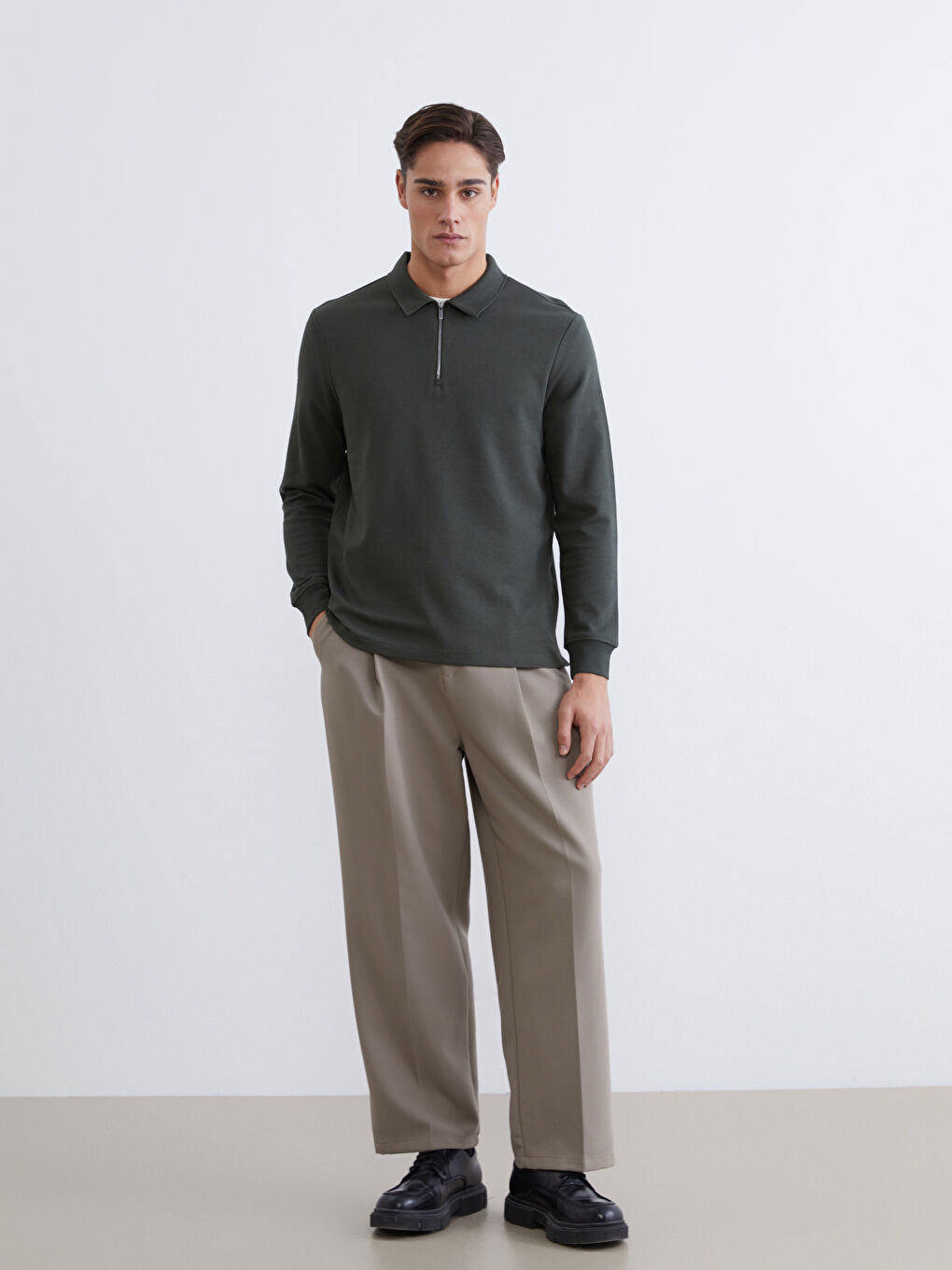 Haki Polo Yaka Erkek Sweatshirt-1