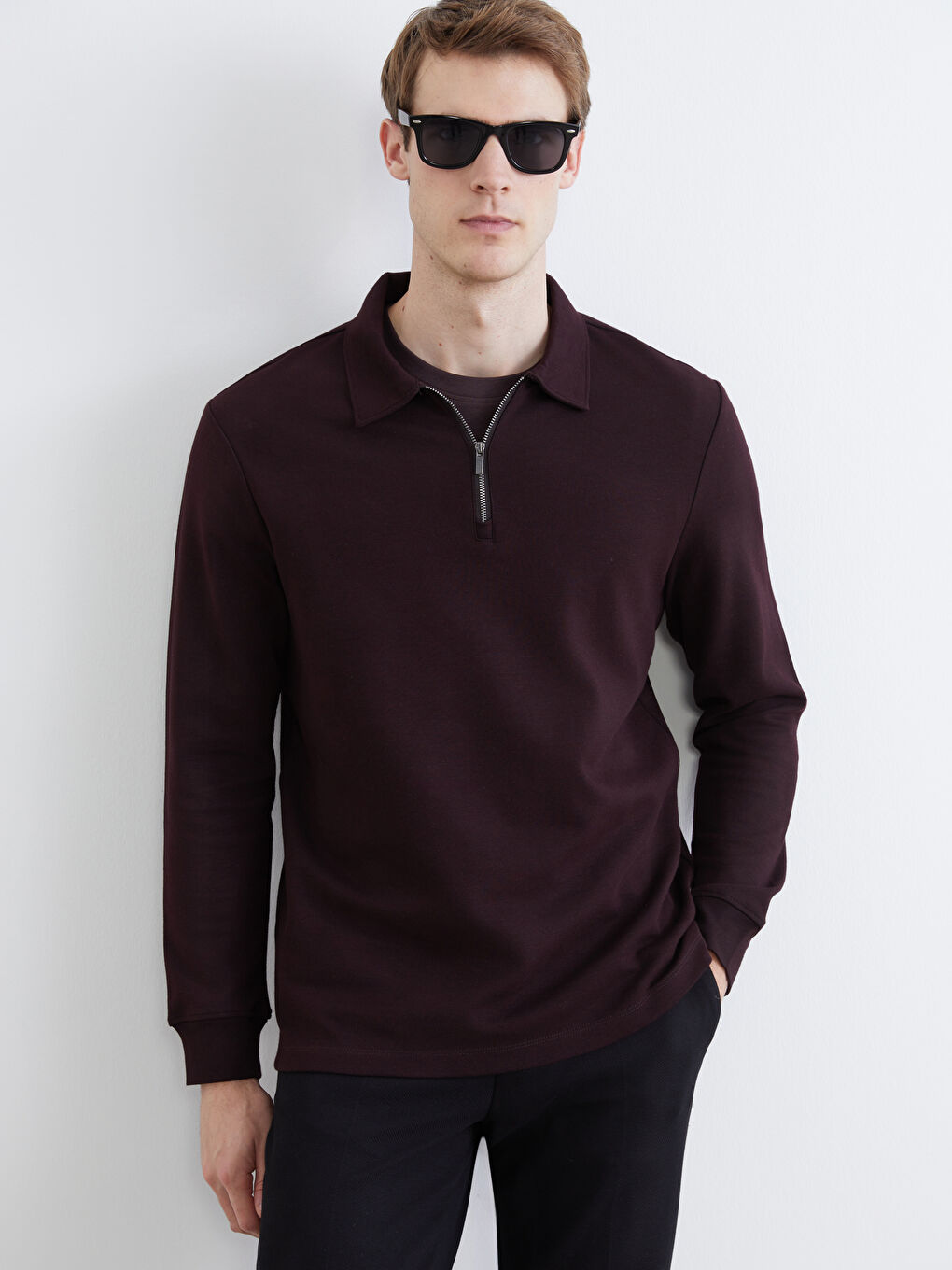 Kahverengi Polo Yaka Erkek Sweatshirt