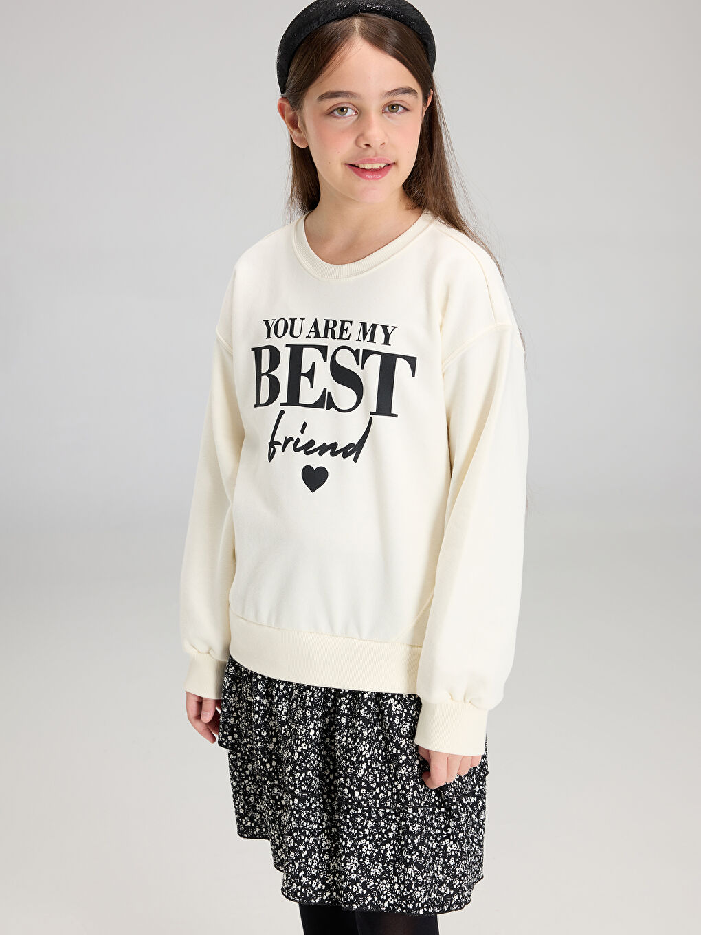 Ekru Bisiklet Yaka Baskılı Kız Çocuk Elbise-1