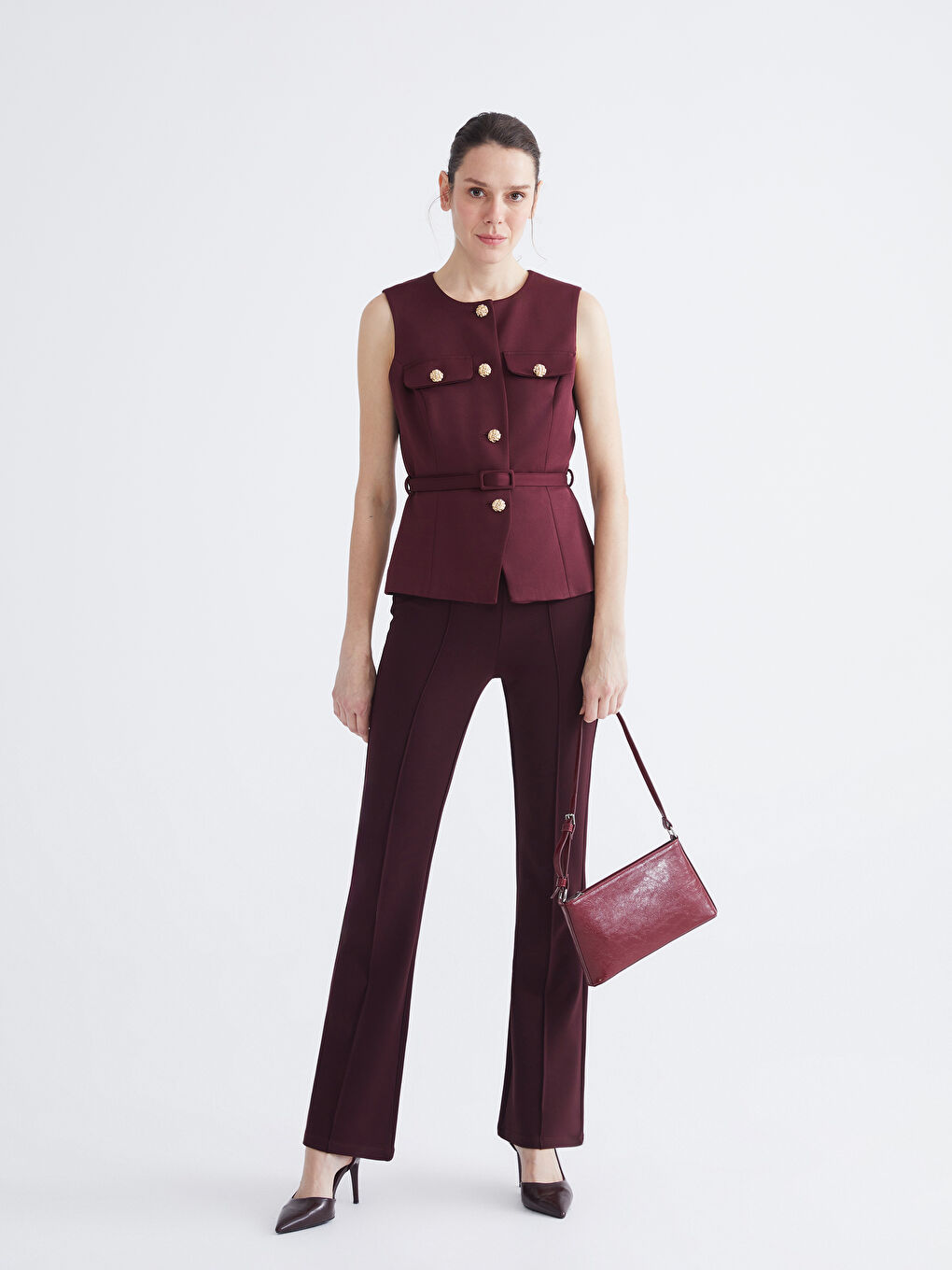 Bordo Ekstra Dar Fit İspanyol Paça Kadın Pantolon-1