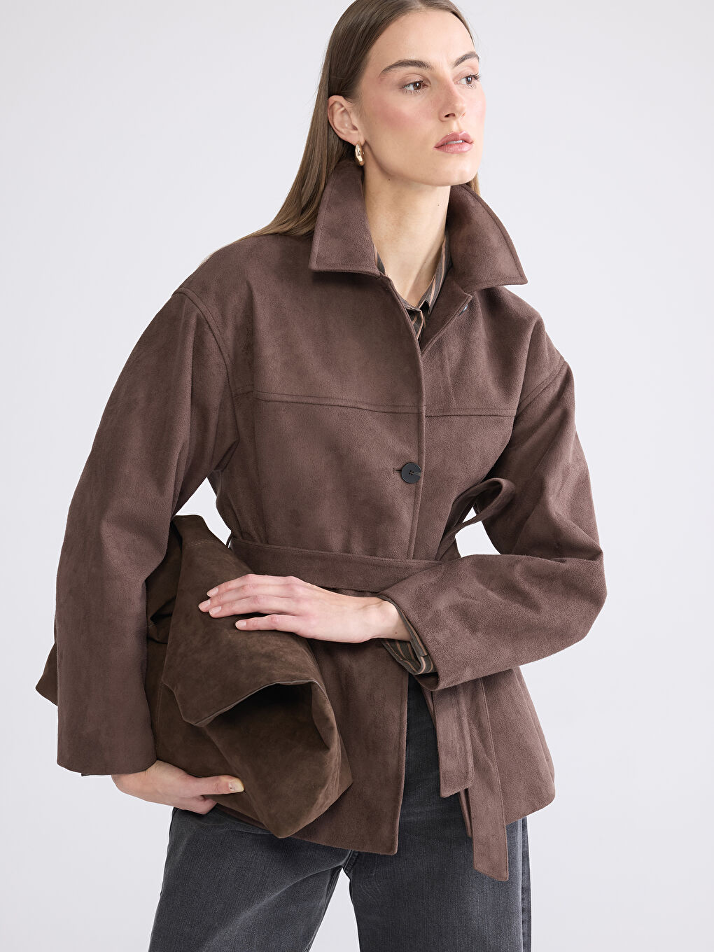 Kahverengi Kadın Süet Görünümlü Gömlek Ceket