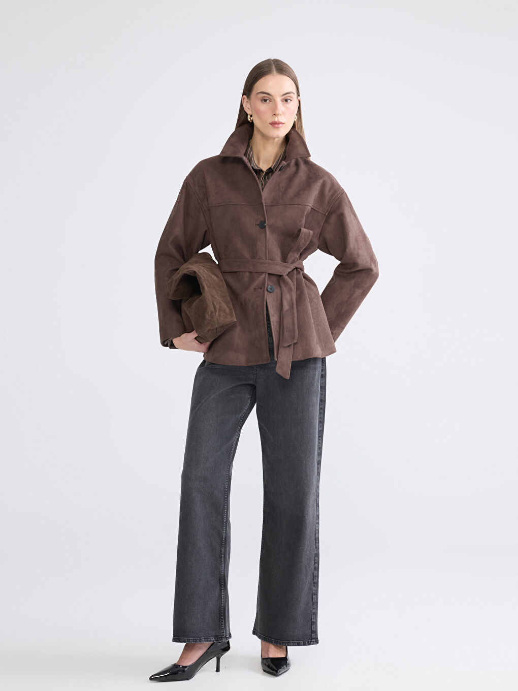 Kahverengi Kadın Süet Görünümlü Gömlek Ceket-1