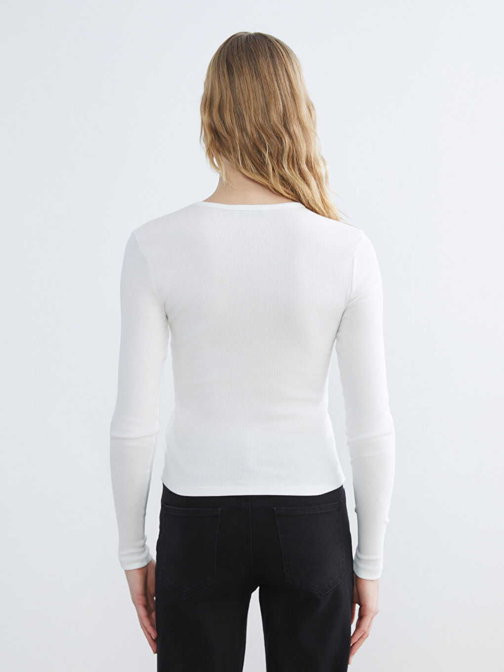 Ekru Bisiklet Yaka Fitilli Kadın Body-3