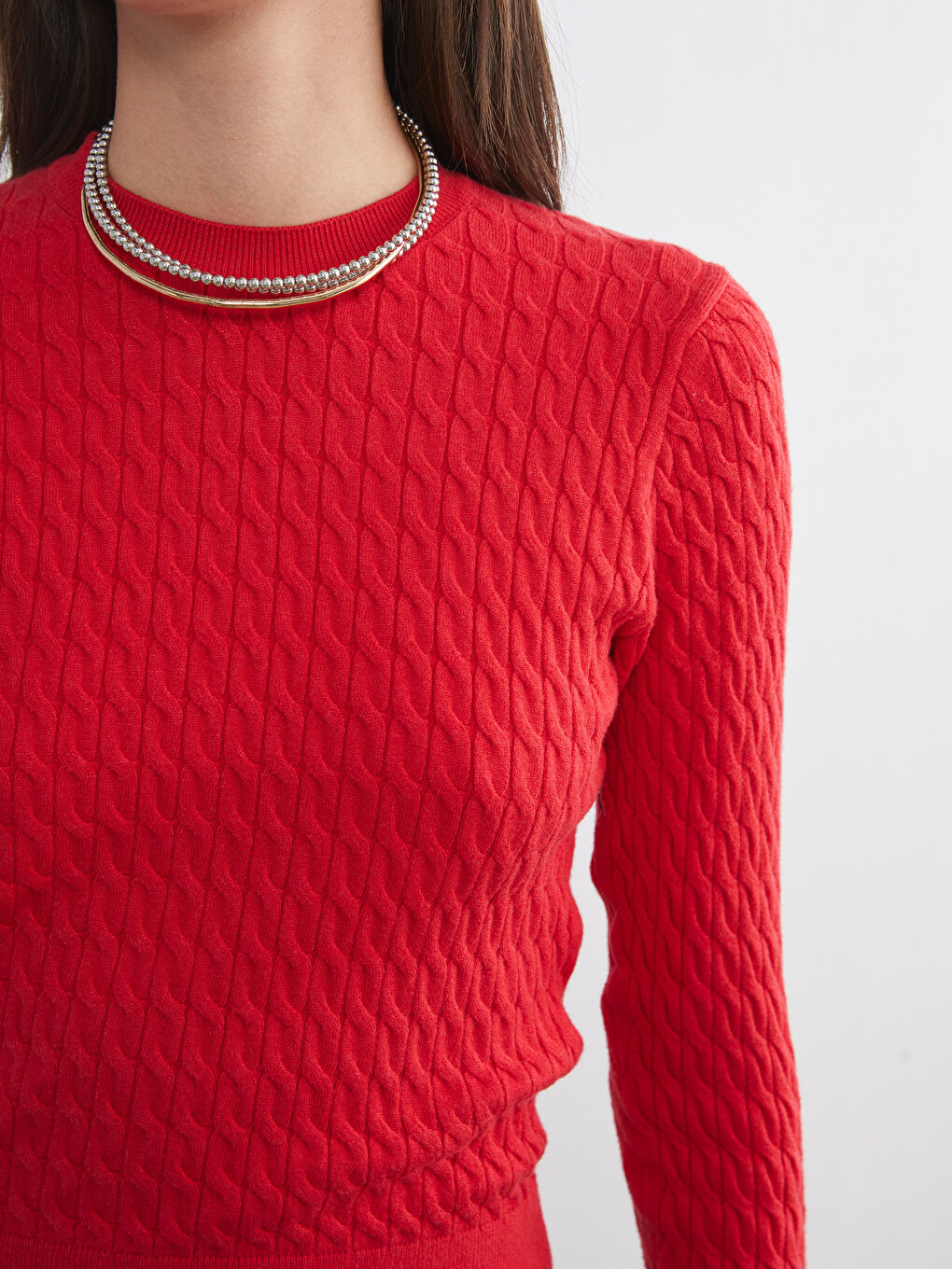 Kırmızı Bisiklet Yaka Kendinden Desenli Kadın Triko Kazak-2