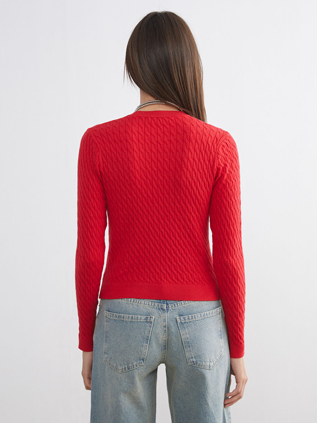 Kırmızı Bisiklet Yaka Kendinden Desenli Kadın Triko Kazak-3