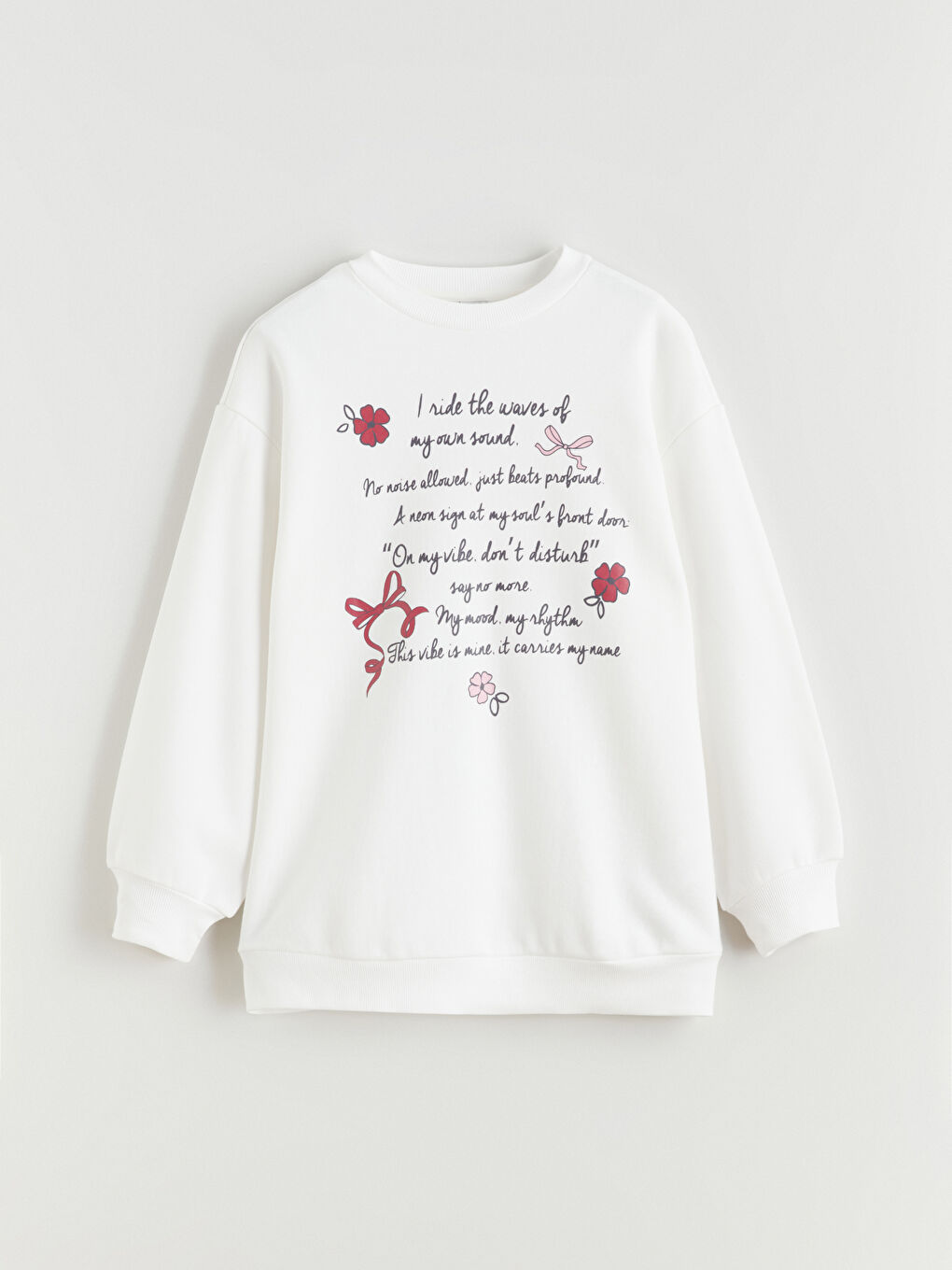 Ekru Bisiklet Yaka Baskılı Kız Çocuk Kalın Sweatshirt