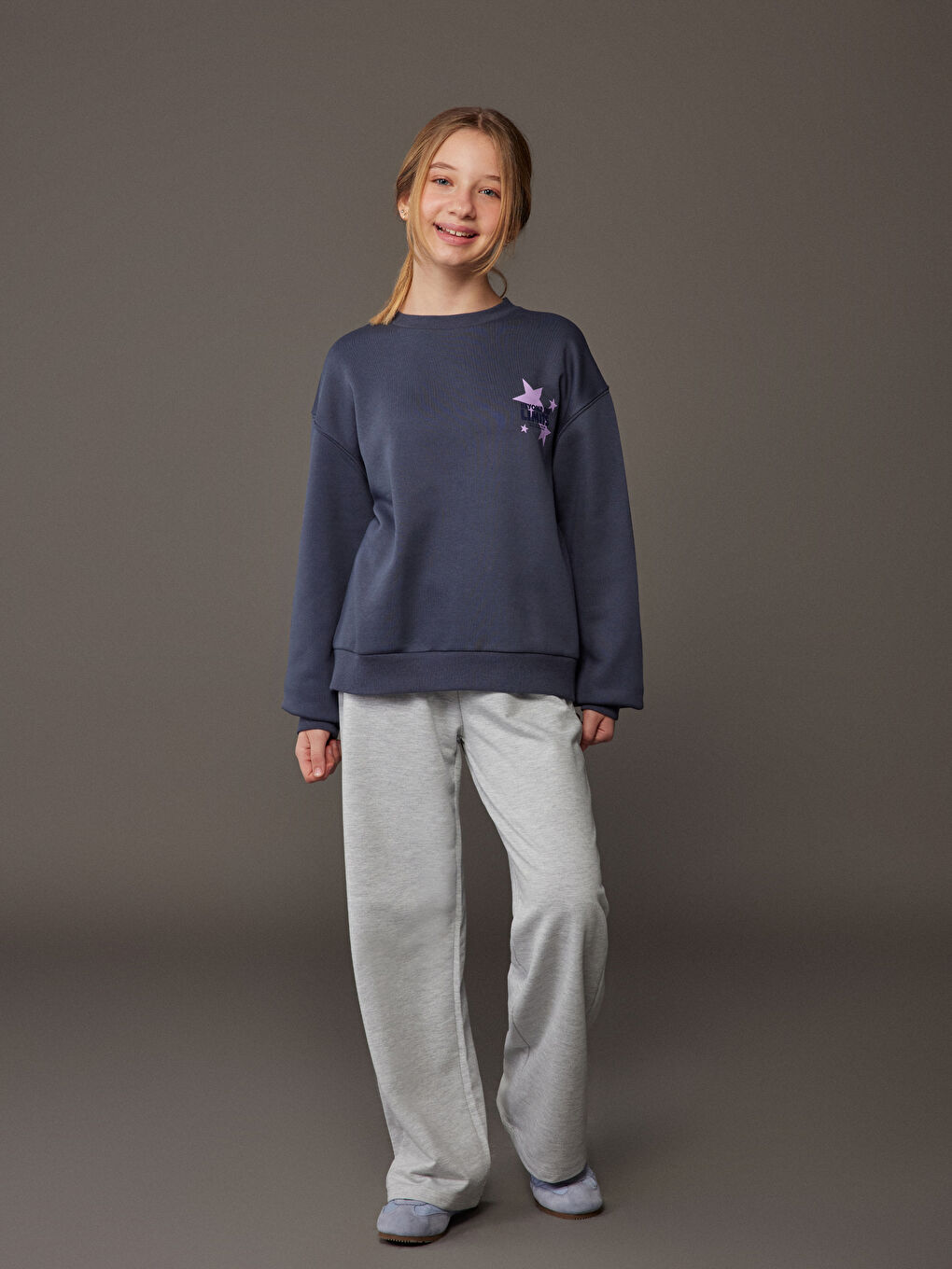 Antrasit Bisiklet Yaka Baskılı Kız Çocuk Kalın Sweatshirt-1