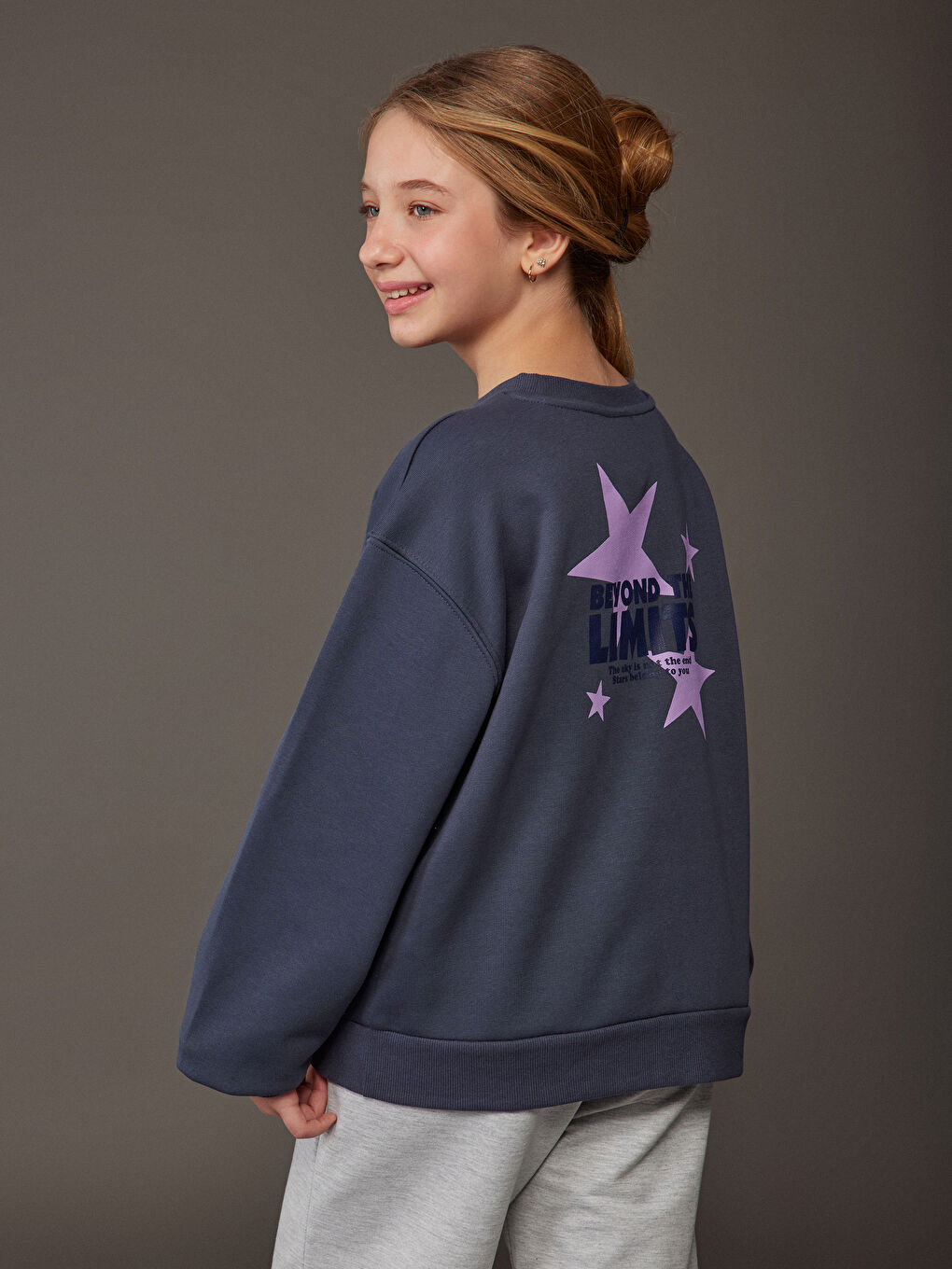 Antrasit Bisiklet Yaka Baskılı Kız Çocuk Kalın Sweatshirt-2