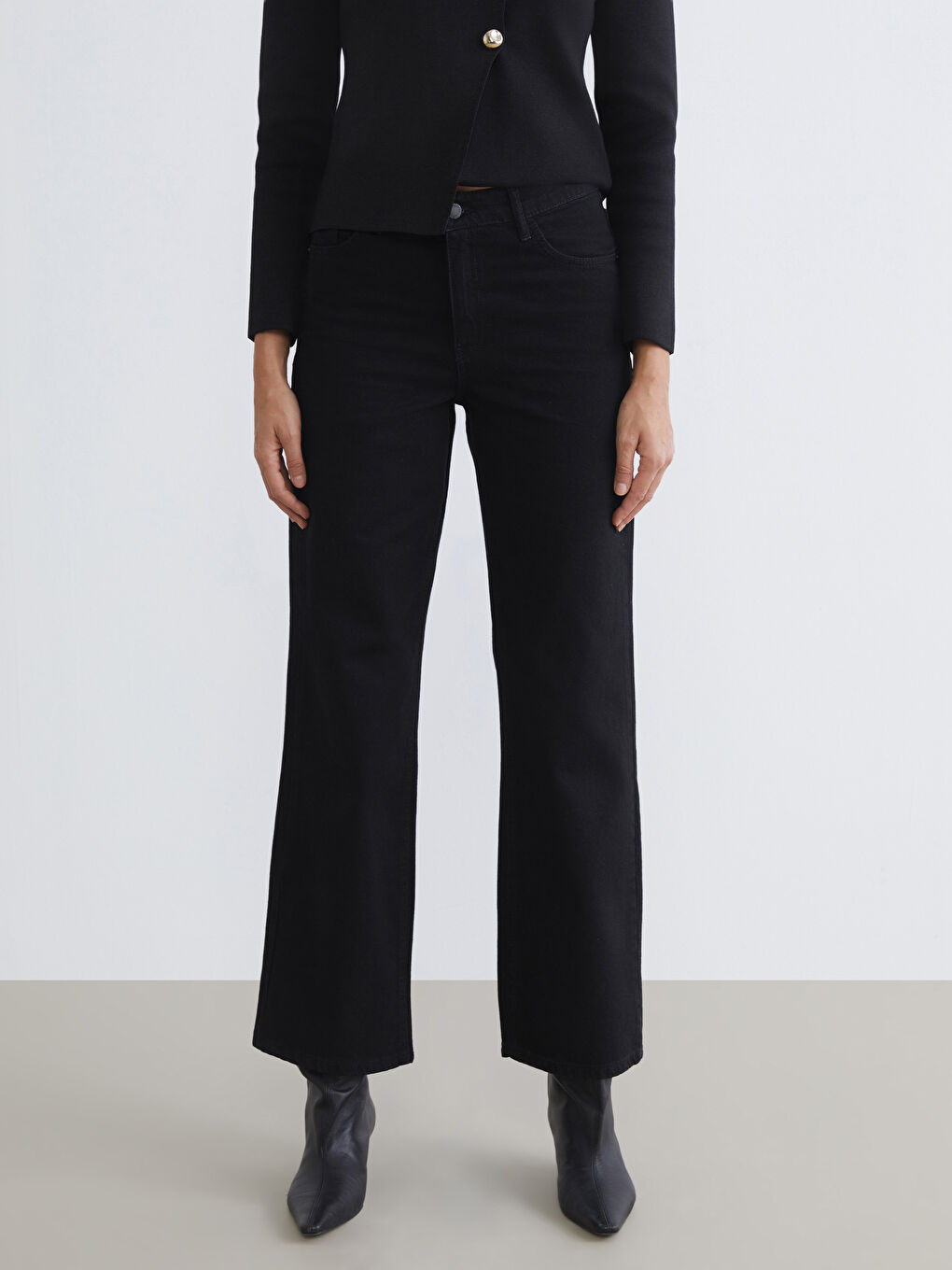 Siyah Wideleg Kadın Jean Pantolon-1