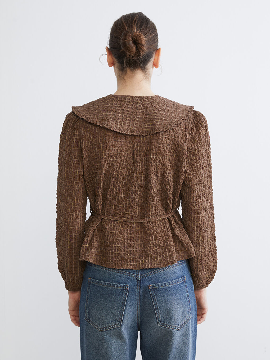 Kahverengi Bebe Yaka Ekose Gofre Kadın Gömlek-3