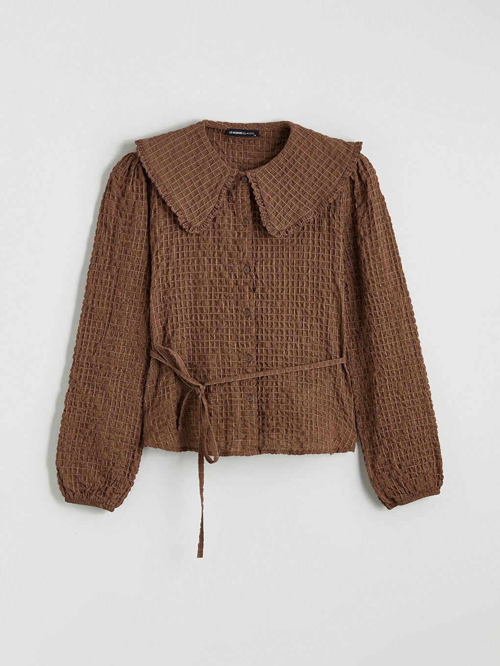 Kahverengi Bebe Yaka Ekose Gofre Kadın Gömlek-4