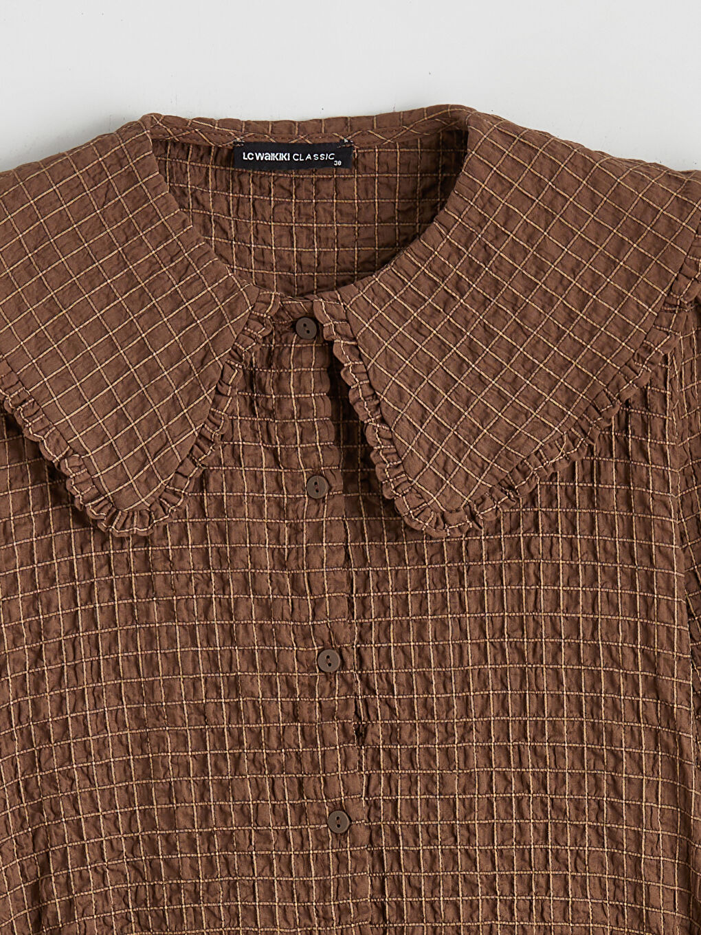 Kahverengi Bebe Yaka Ekose Gofre Kadın Gömlek-5