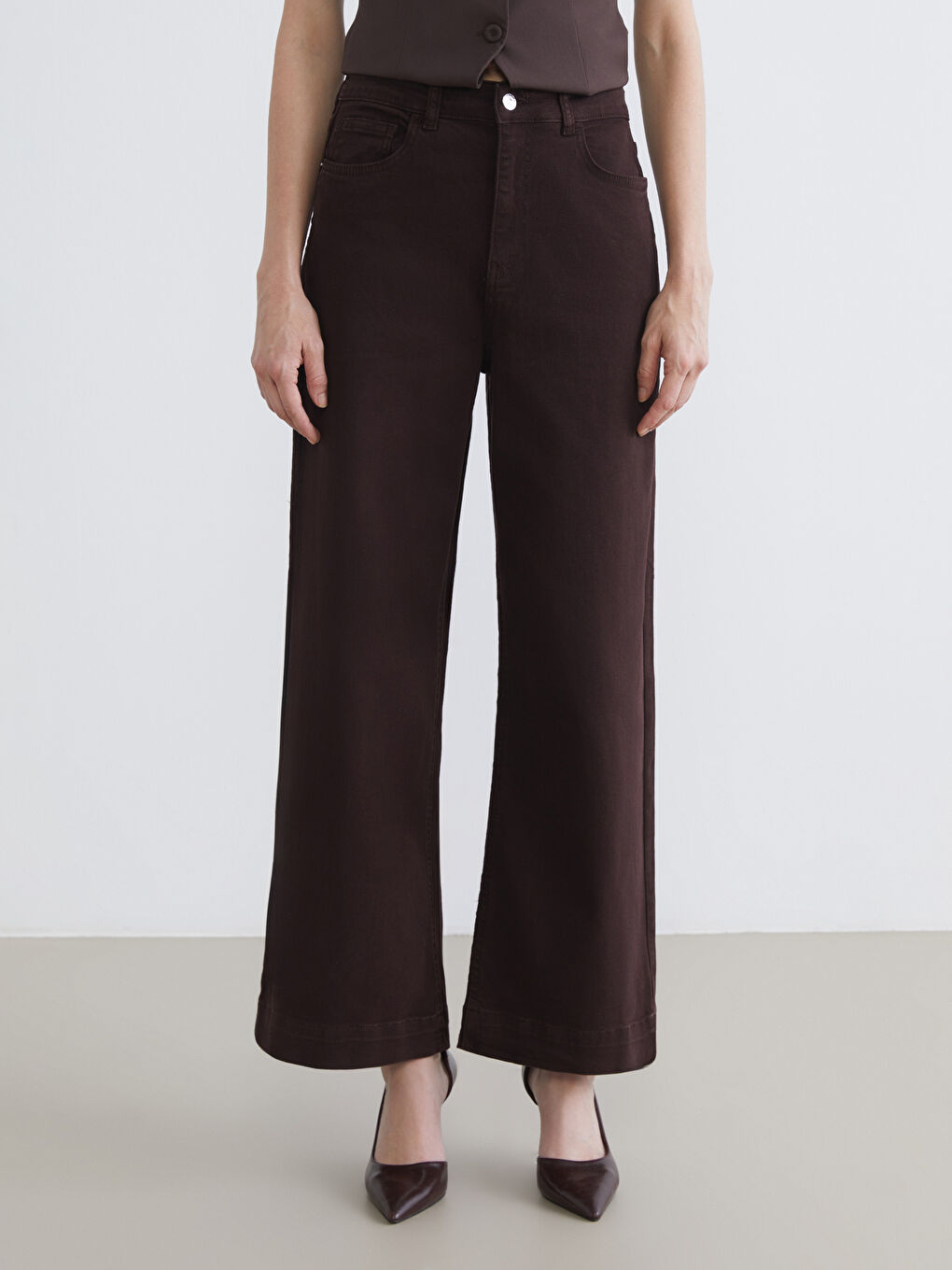 Kahverengi Wideleg Kadın Jean Pantolon-1