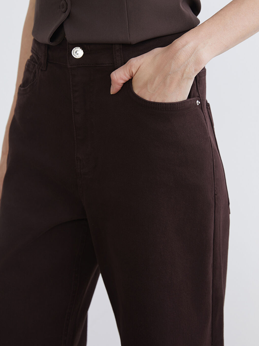 Kahverengi Wideleg Kadın Jean Pantolon-2