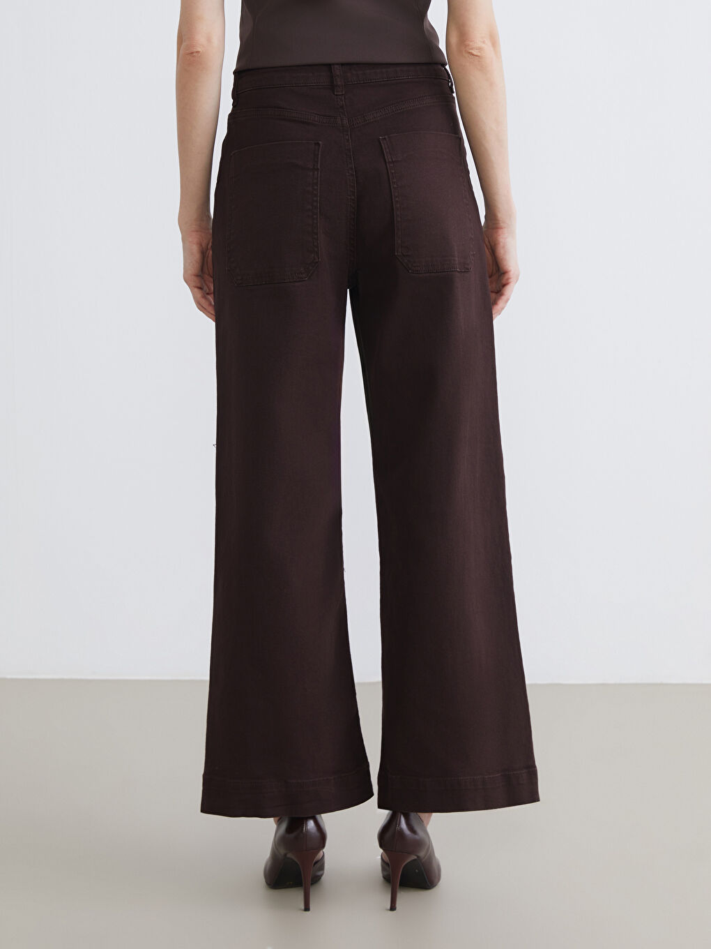 Kahverengi Wideleg Kadın Jean Pantolon-3