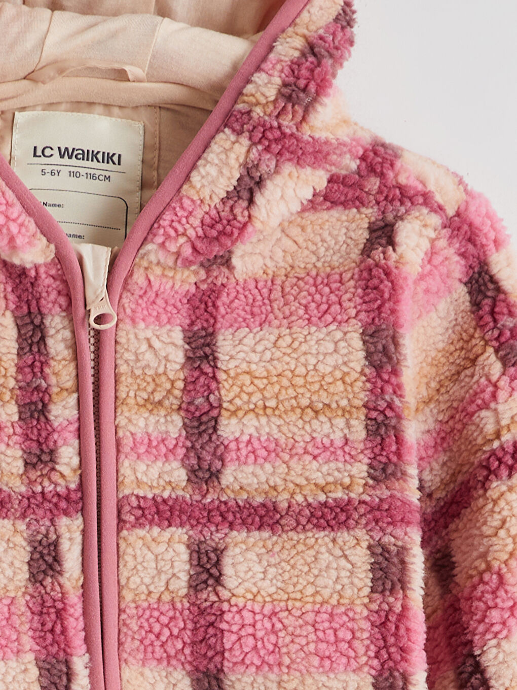 Pembe Kapüşonlu Ekose Kız Çocuk Pelüş Mont-1
