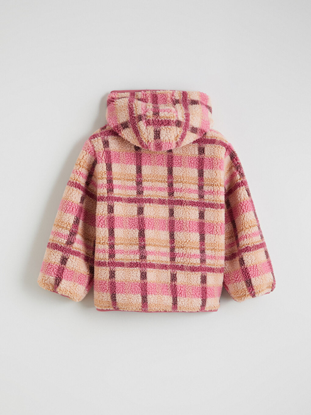 Pembe Kapüşonlu Ekose Kız Çocuk Pelüş Mont-3