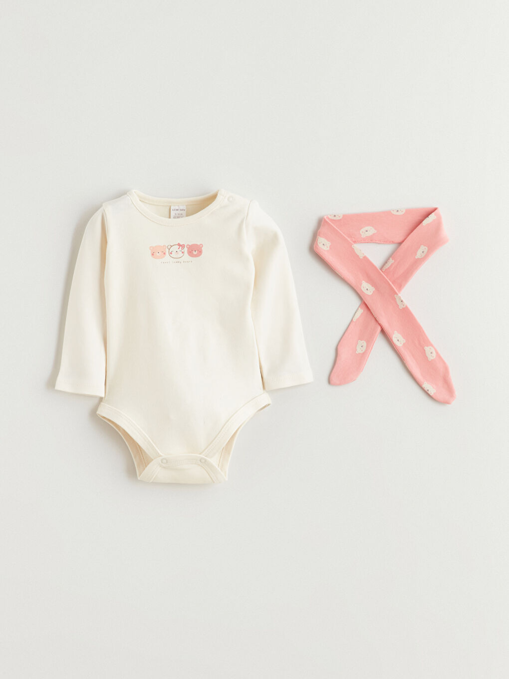 Ekru Bisiklet Yaka Uzun Kollu Baskılı Kız Bebek Çıtçıtlı Body Pantolon ve Saç Bandı 3'lü Takım-1