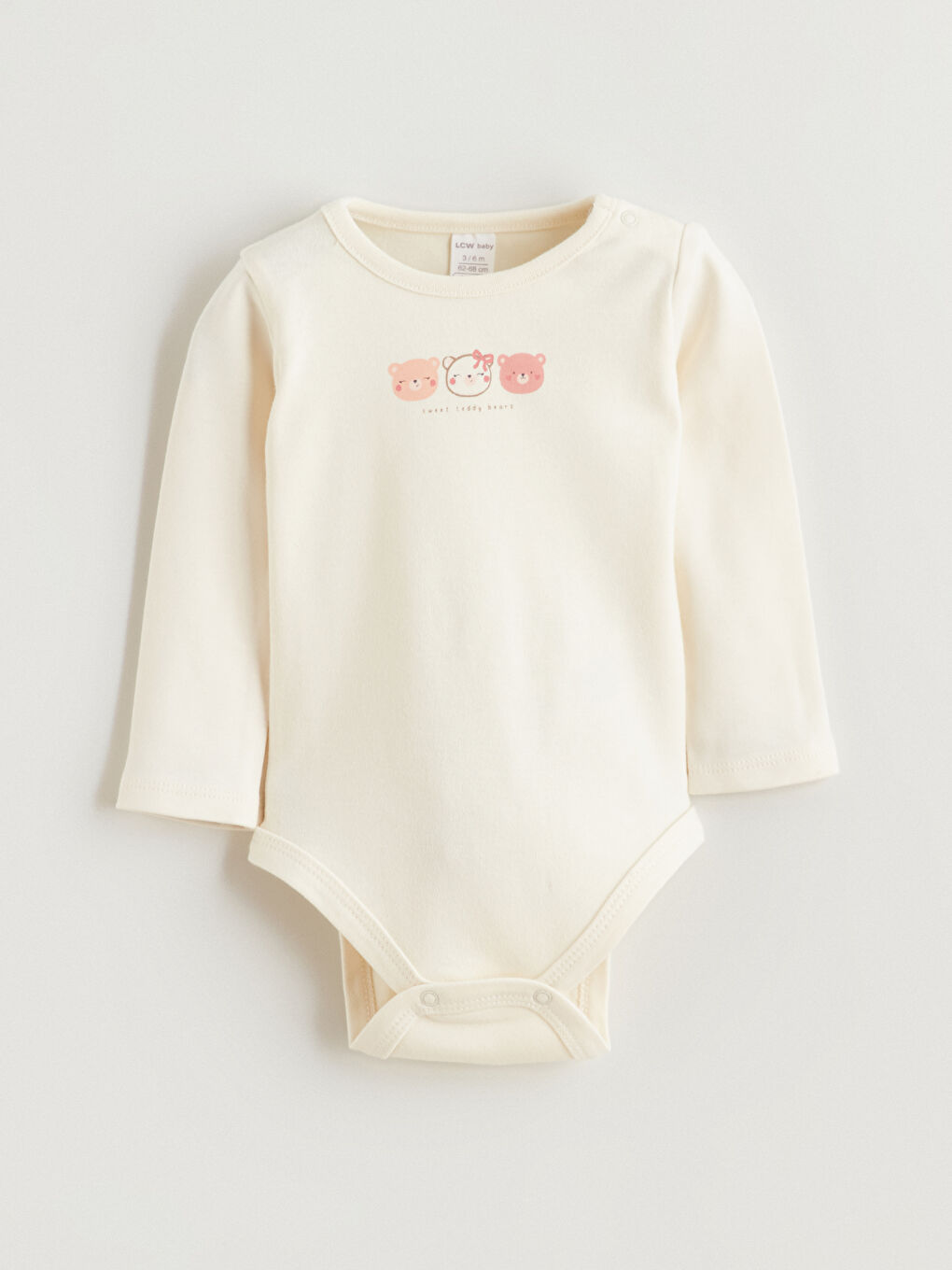 Ekru Bisiklet Yaka Uzun Kollu Baskılı Kız Bebek Çıtçıtlı Body Pantolon ve Saç Bandı 3'lü Takım-2