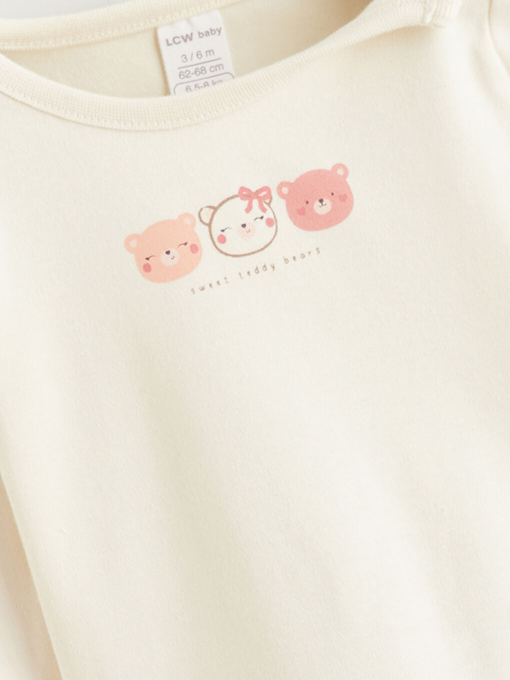 Ekru Bisiklet Yaka Uzun Kollu Baskılı Kız Bebek Çıtçıtlı Body Pantolon ve Saç Bandı 3'lü Takım-4