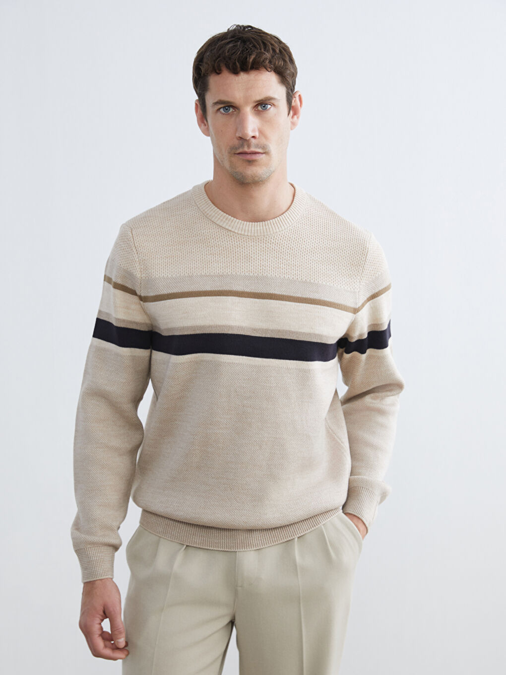 Πουλόβερ Πλεκτό Ριγέ Στρογγυλή Λαιμόκοψη για Άνδρες