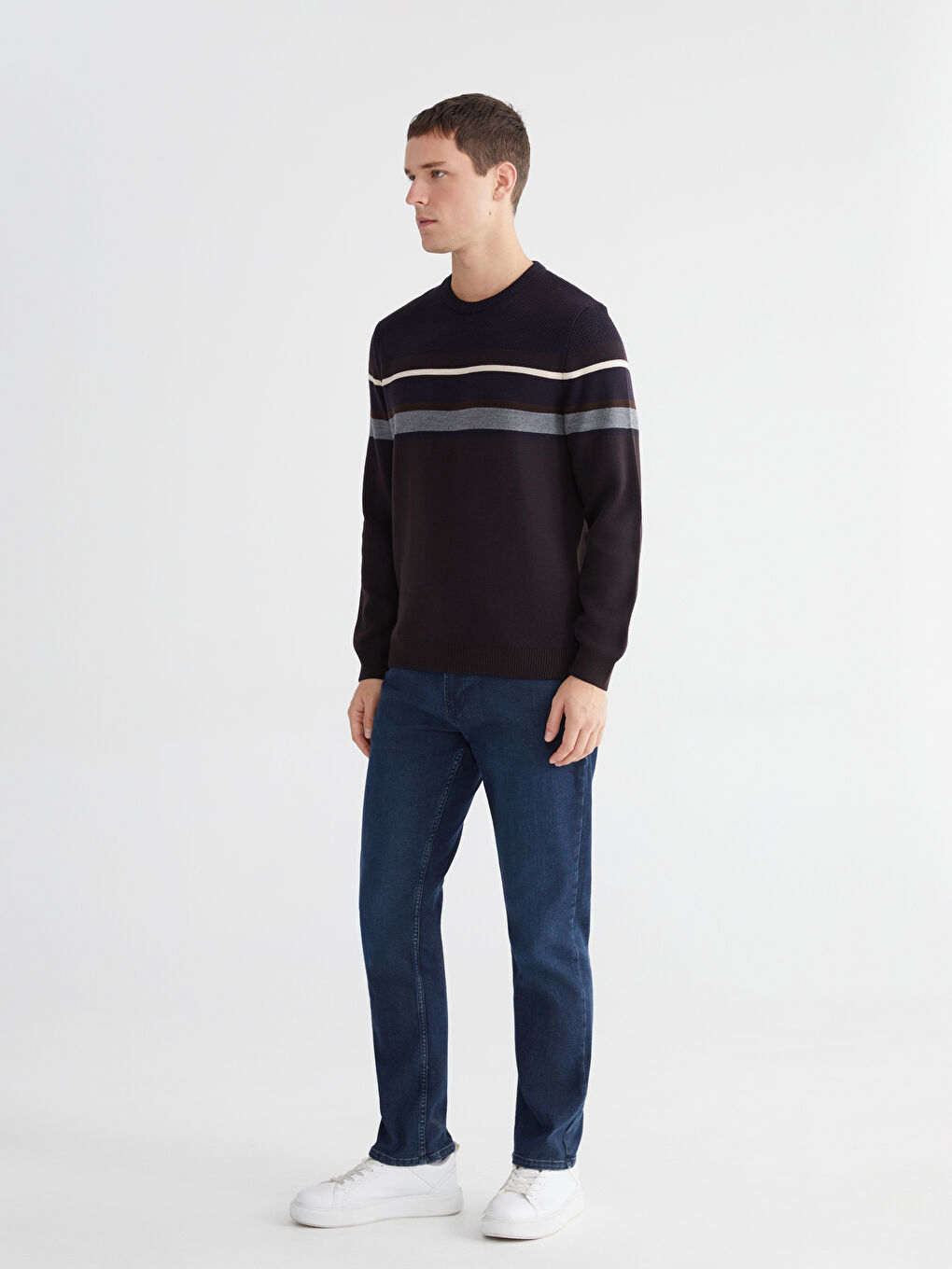 Kahverengi Bisiklet Yaka Çizgili Erkek Triko Kazak-1