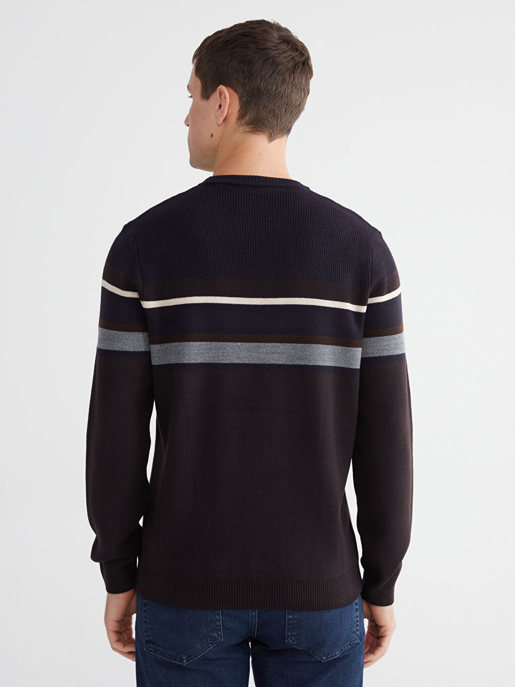 Kahverengi Bisiklet Yaka Çizgili Erkek Triko Kazak-3