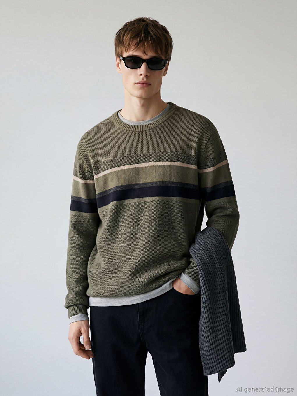 Yeşil Bisiklet Yaka Çizgili Erkek Triko Kazak