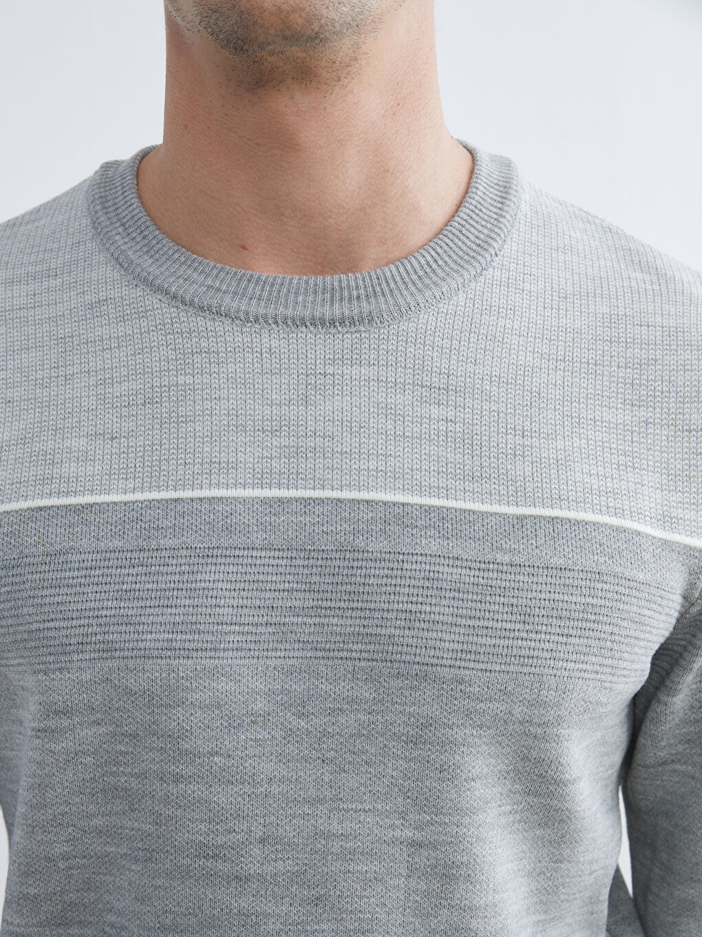 Gri Bisiklet Yaka Renk Bloklu Erkek Triko Kazak-2