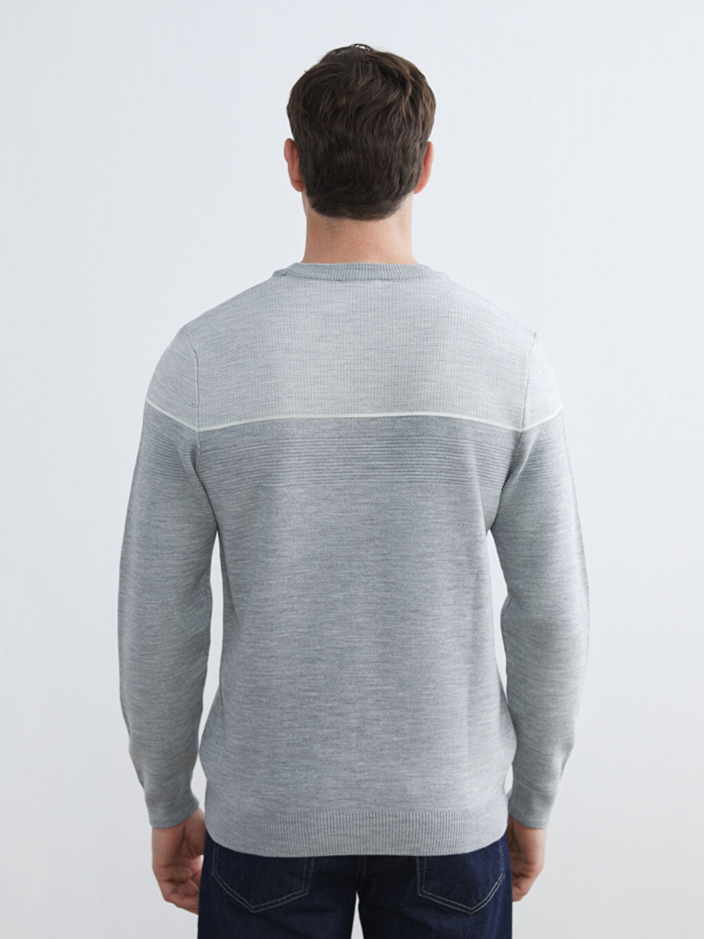 Gri Bisiklet Yaka Renk Bloklu Erkek Triko Kazak-3