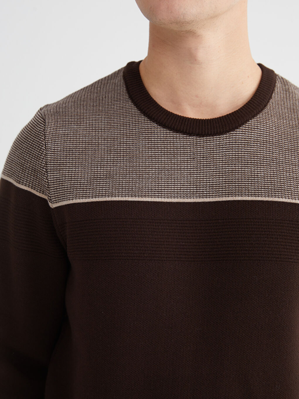 Kahverengi Bisiklet Yaka Renk Bloklu Erkek Triko Kazak-2