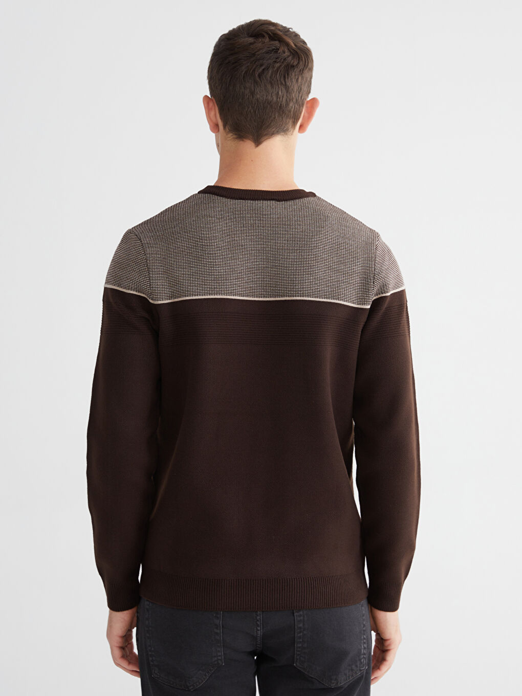 Kahverengi Bisiklet Yaka Renk Bloklu Erkek Triko Kazak-3