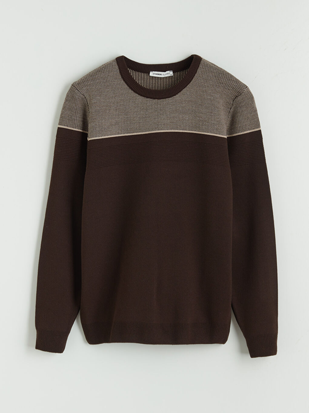 Kahverengi Bisiklet Yaka Renk Bloklu Erkek Triko Kazak-4