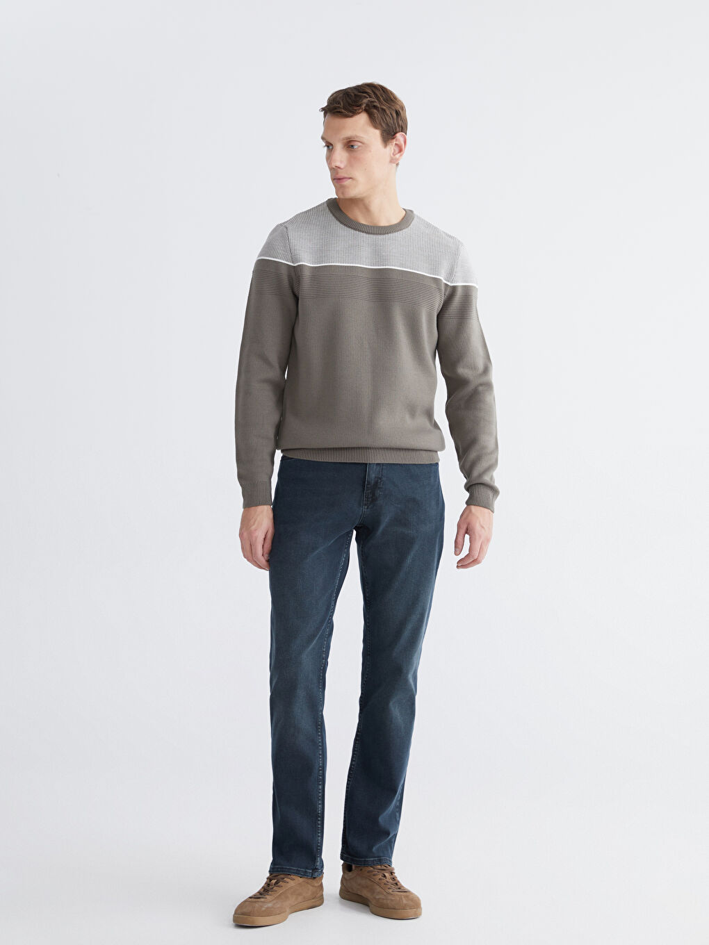 Yeşil Bisiklet Yaka Renk Bloklu Erkek Triko Kazak-1