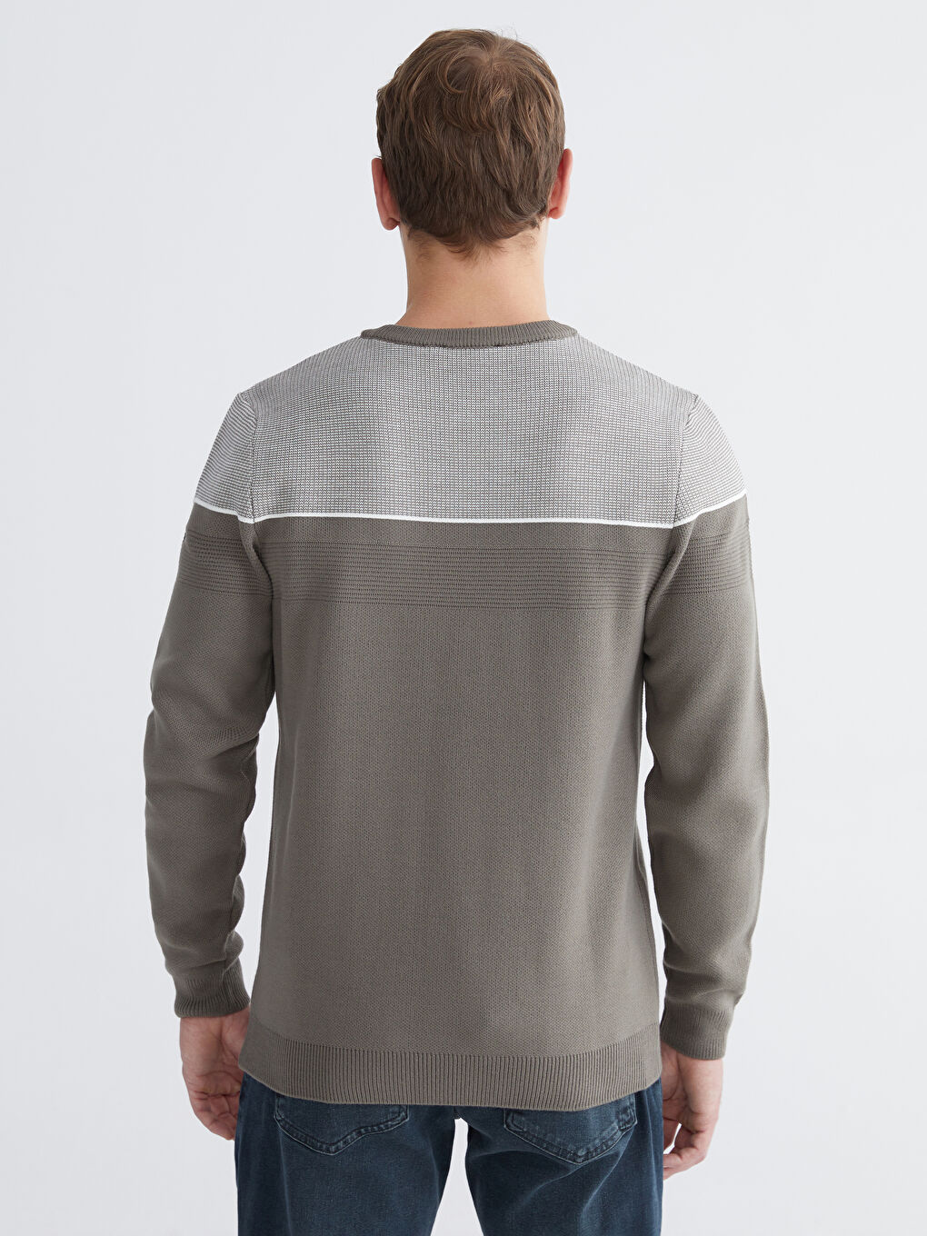 Yeşil Bisiklet Yaka Renk Bloklu Erkek Triko Kazak-3