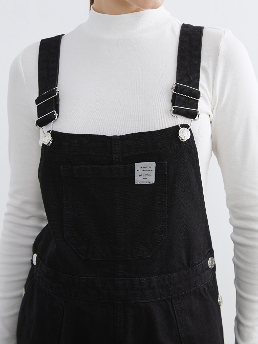 Siyah Kare Yaka Düz Askılı Kadın Jean Salopet Elbise-2