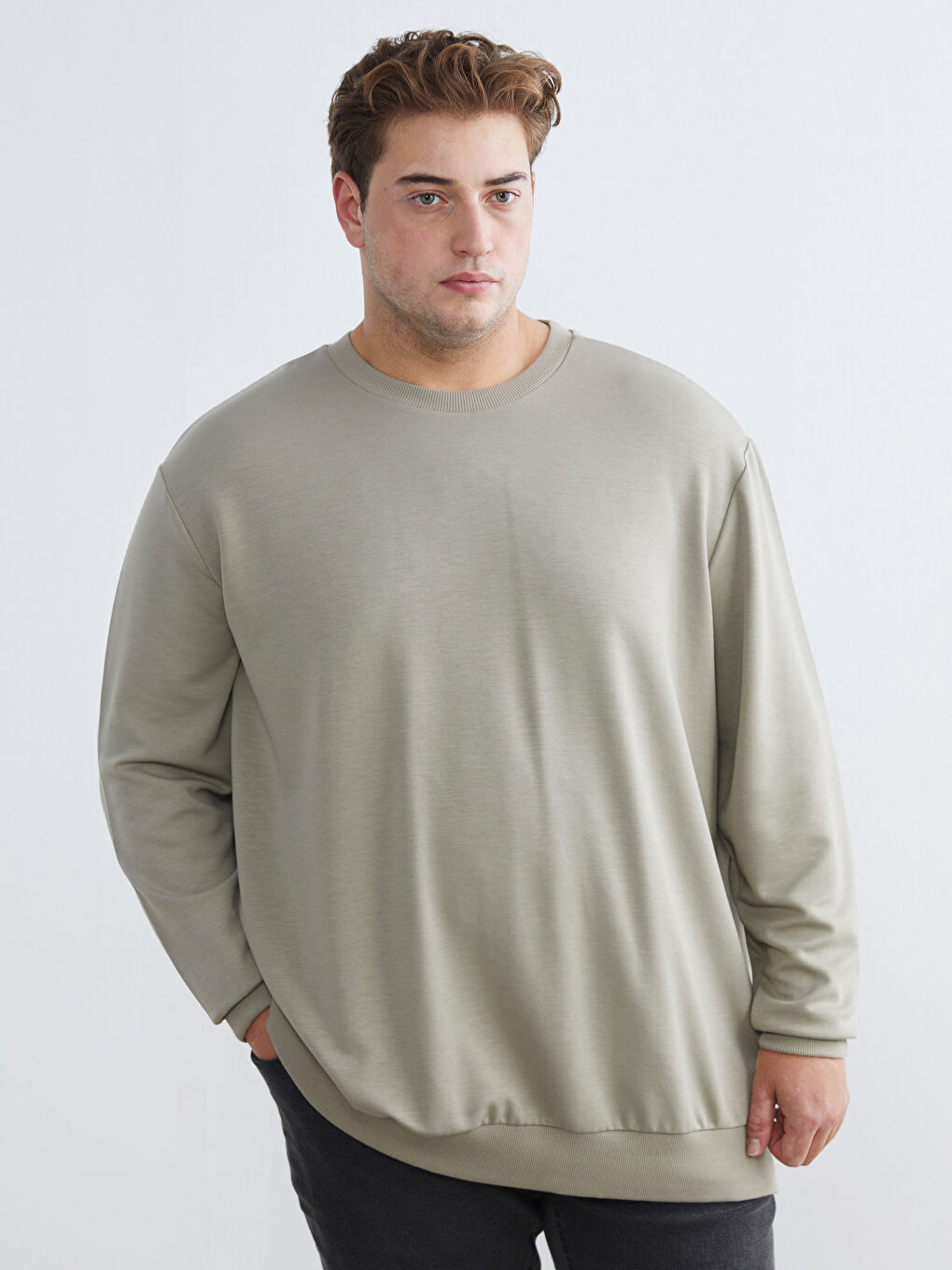 Bej Bisiklet Yaka Erkek Sweatshirt