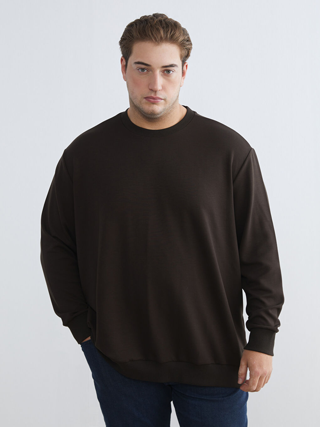 Kahverengi Bisiklet Yaka Erkek Sweatshirt