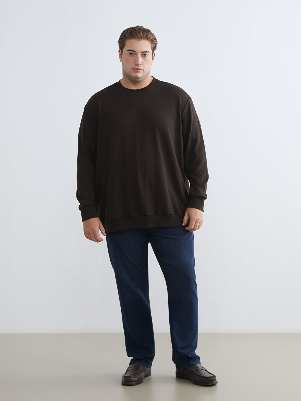 Kahverengi Bisiklet Yaka Erkek Sweatshirt-1