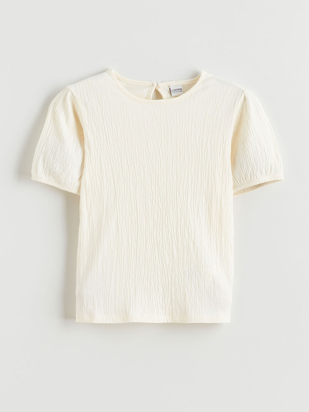 Ekru Balon Kollu Dokulu Kız Çocuk Tişört