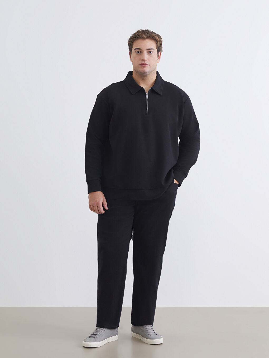 Siyah Büyük Beden Polo Yaka Erkek Sweatshirt-1