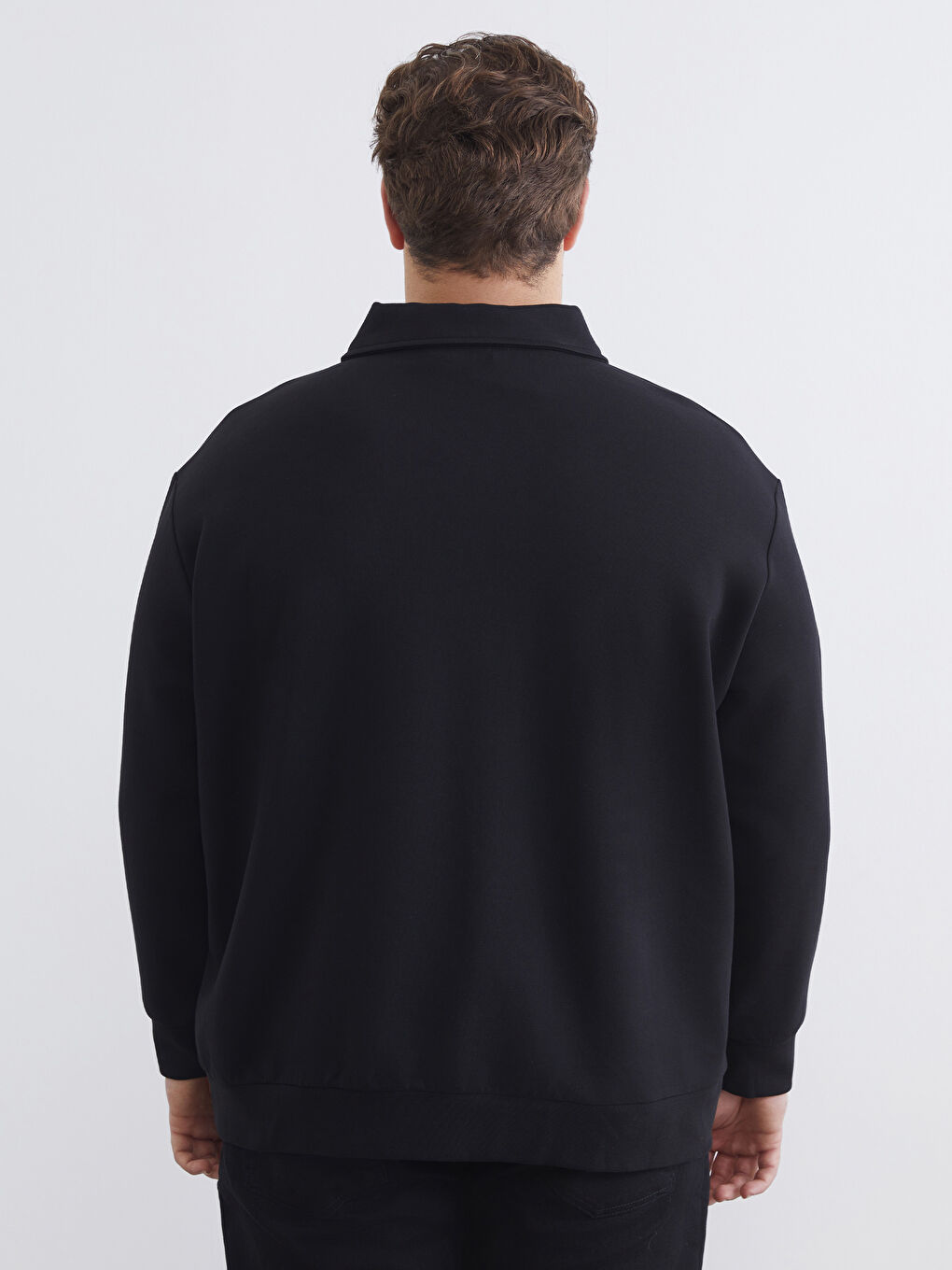 Siyah Büyük Beden Polo Yaka Erkek Sweatshirt-3