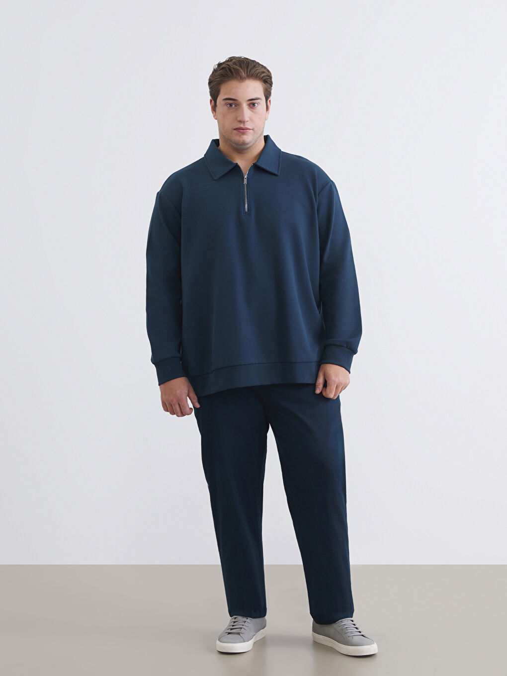 Petrol Büyük Beden Polo Yaka Erkek Sweatshirt-1