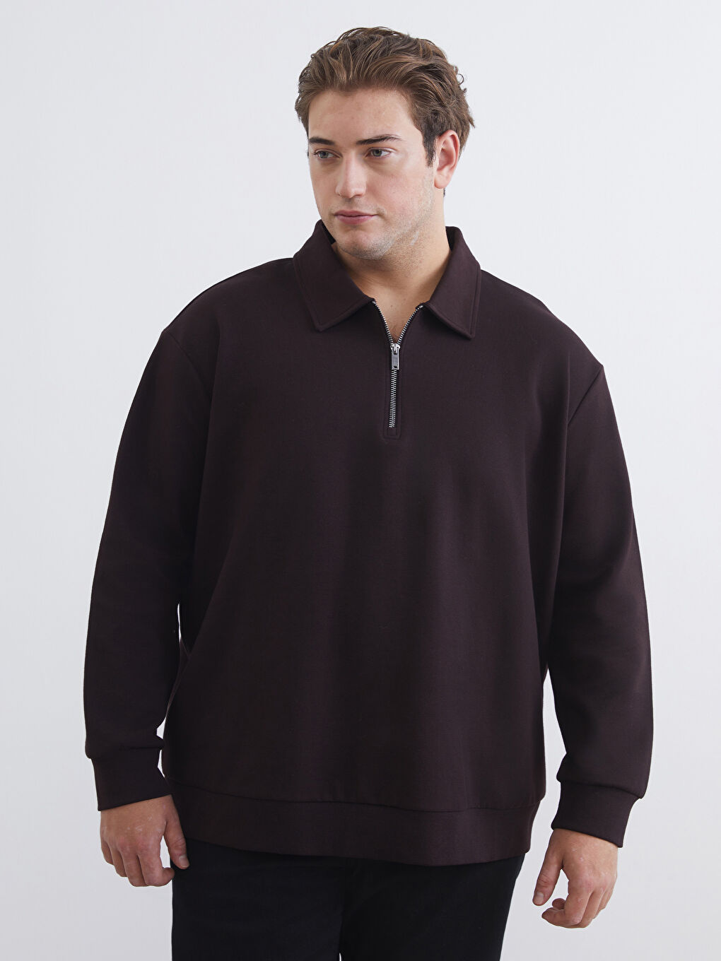 Kahverengi Büyük Beden Polo Yaka Erkek Sweatshirt