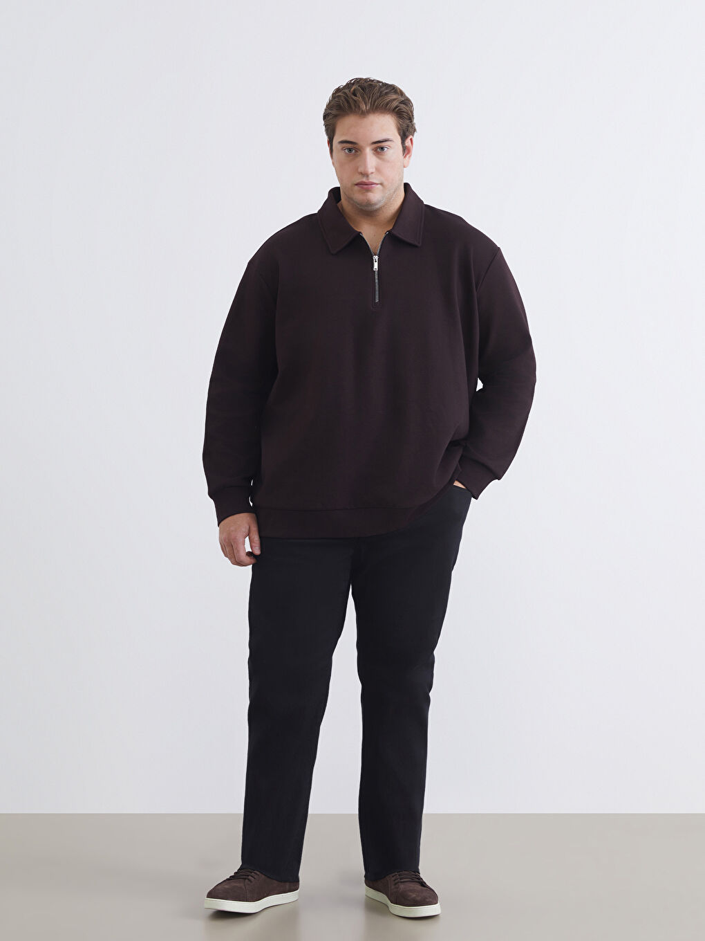 Kahverengi Büyük Beden Polo Yaka Erkek Sweatshirt-1