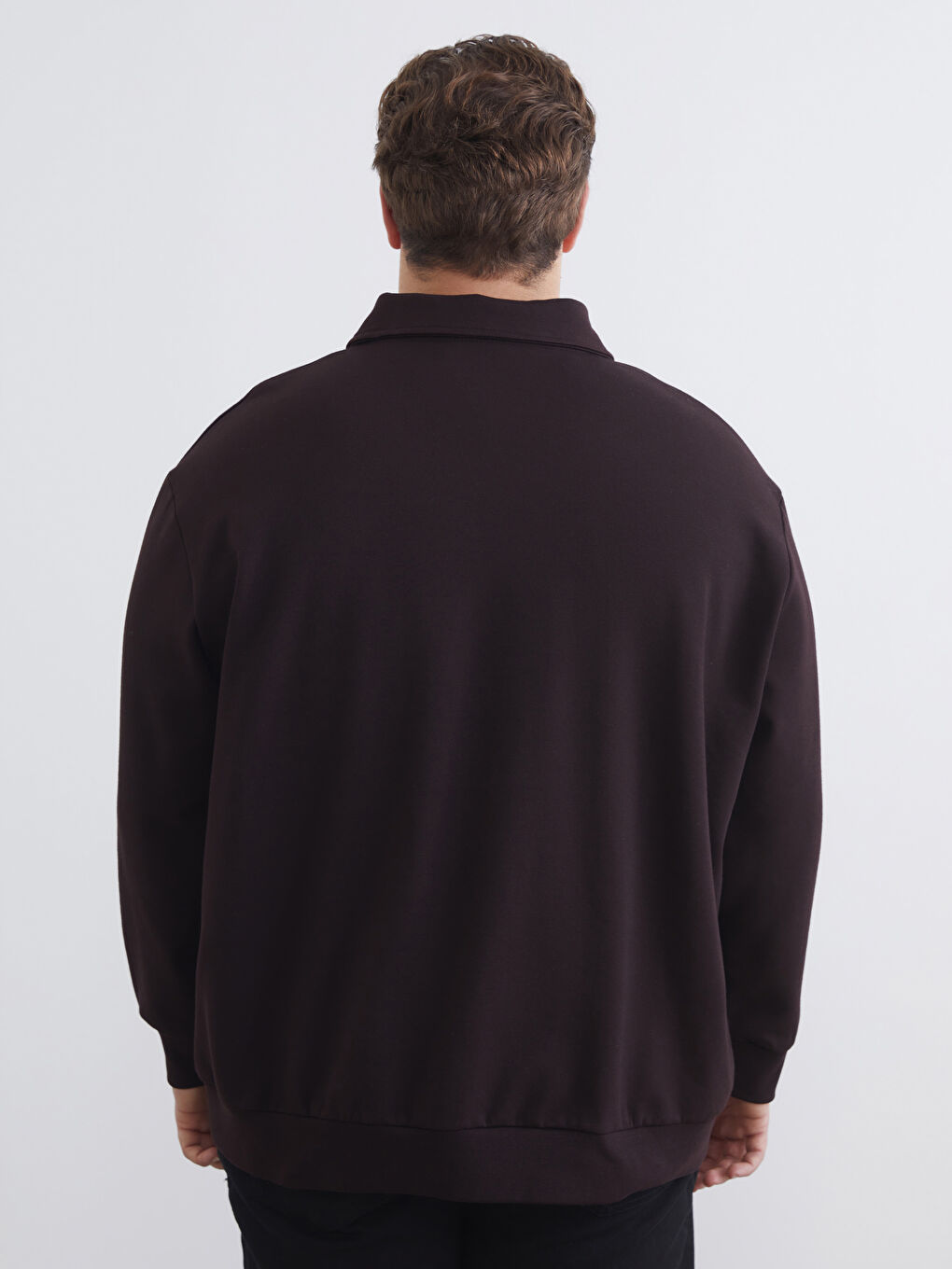 Kahverengi Büyük Beden Polo Yaka Erkek Sweatshirt-3