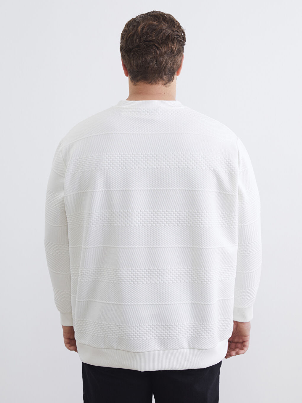 Ekru Büyük Beden Bisiklet Yaka Erkek Sweatshirt-3