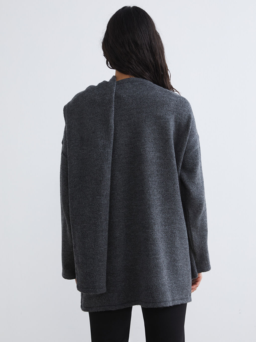 Antrasit Dökümlü Şal Yaka Oversize Kadın Triko Kazak	-3